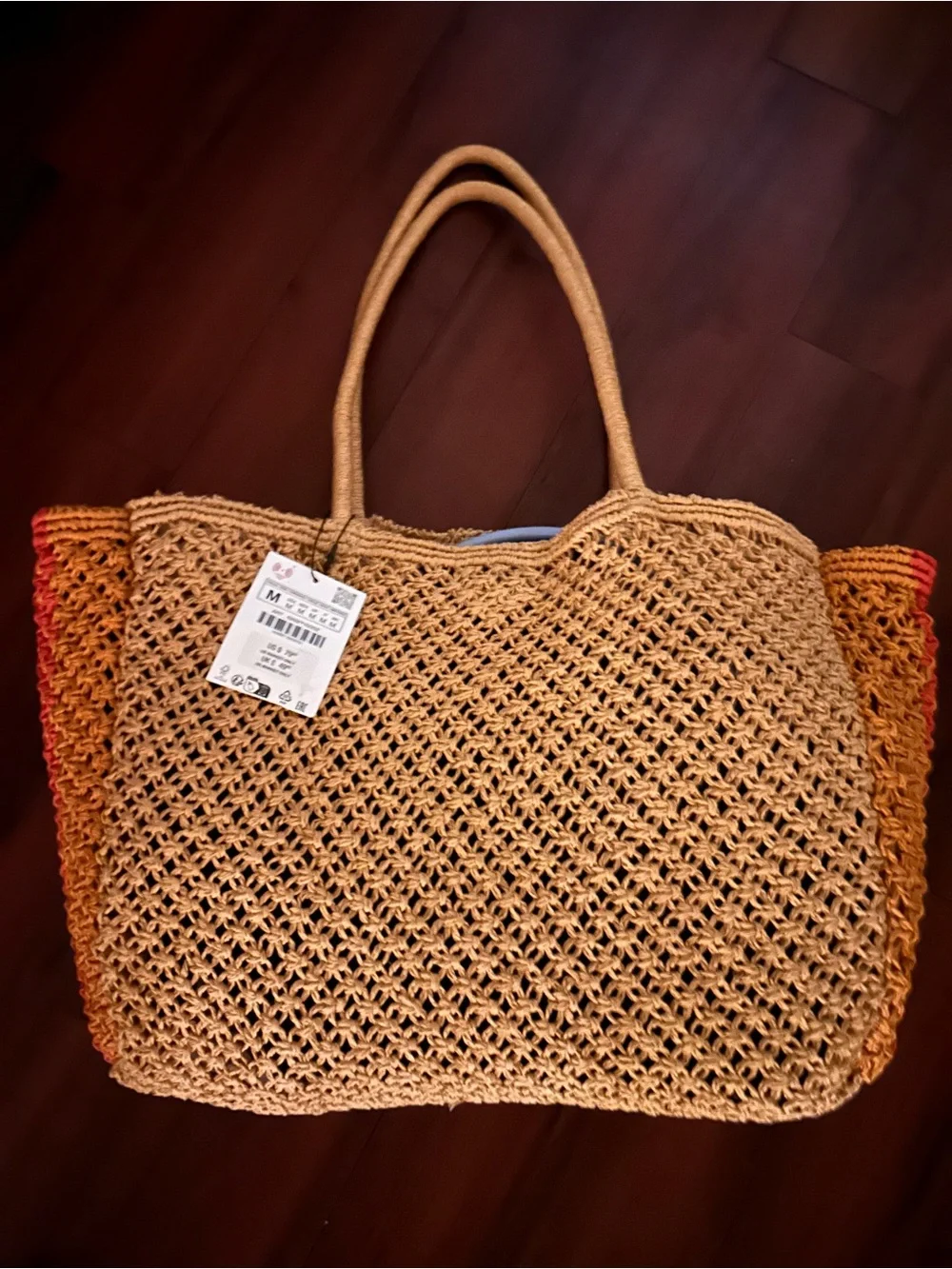 🆕 Zara Woven Straw Tote Bag in Natural with Orange Accent -